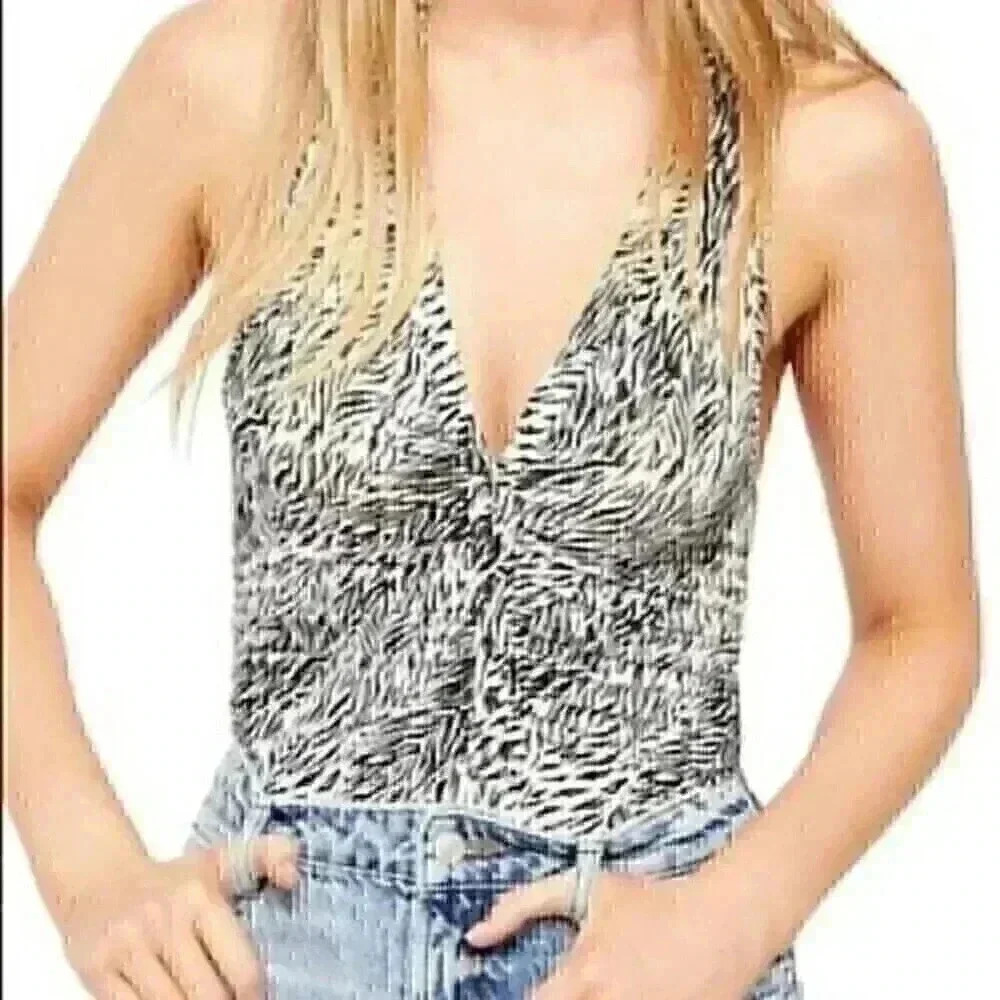 Free People Coco Tank L Black/White Zebra Striped Sleeveless Collared V-Neck NWT